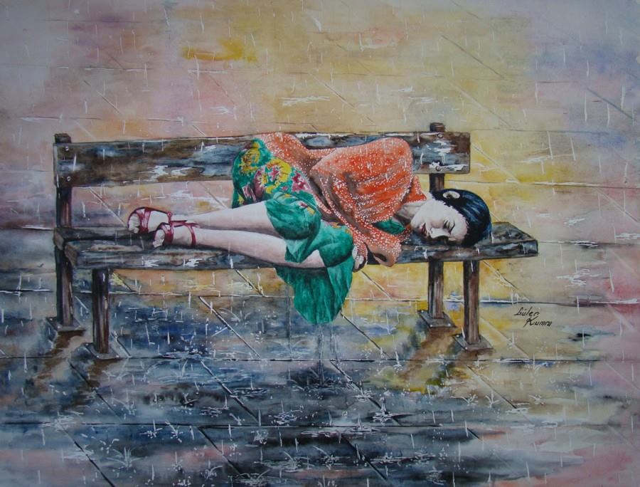 Jeune fille allongée sur un banc, il pleut
