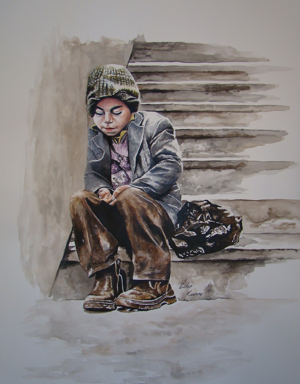 L'enfant au pied de l'escalier